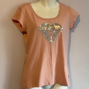 Ladies Guess T Shirt Medium(M)Coral/Silver Sequin